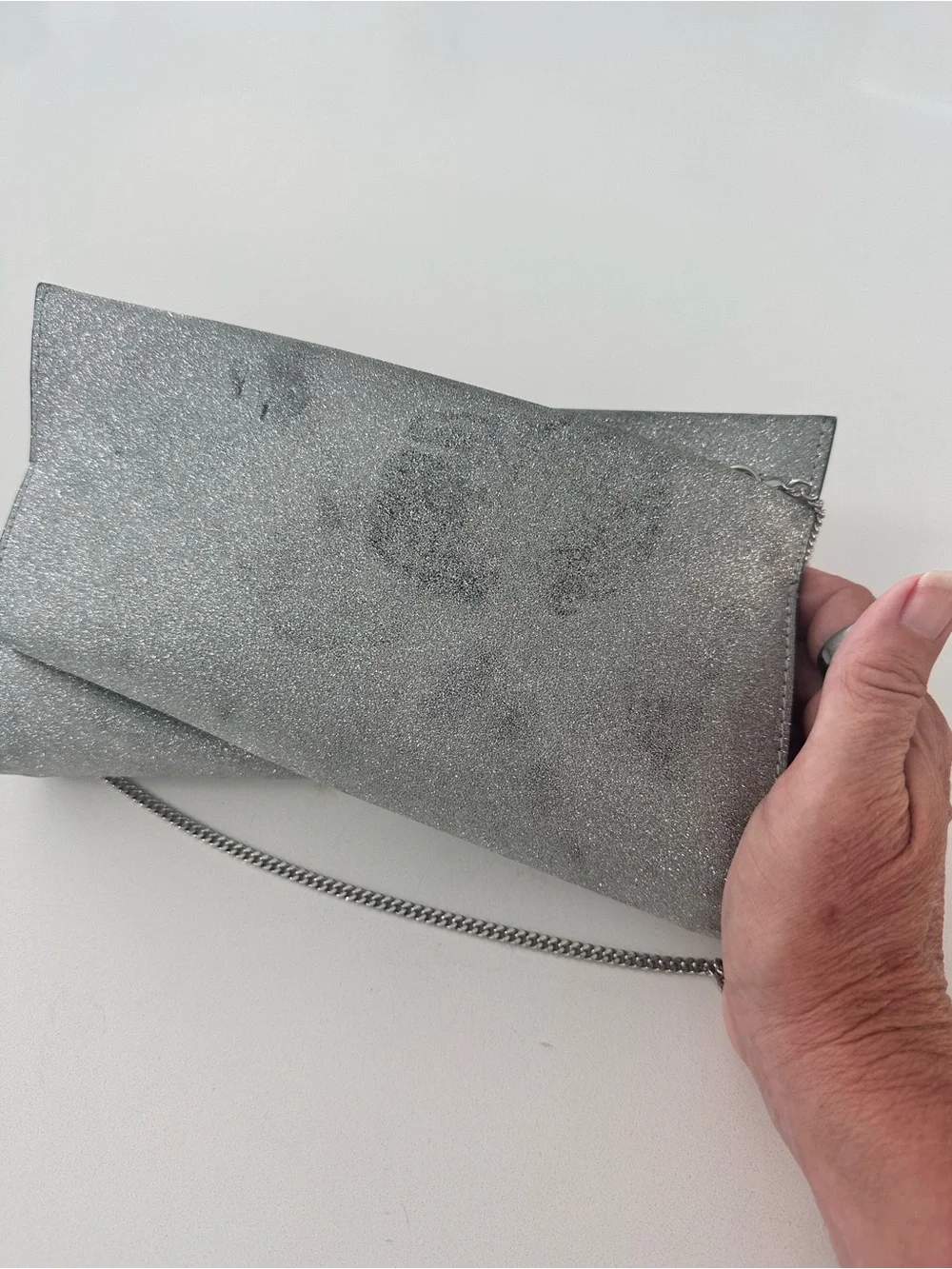 Christian Louboutin Silver Glitter Envelope Clutch with Chain